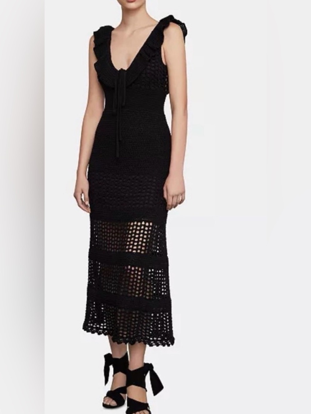 BCBG MAXAZRIA BLACK CROCHET SLEEVELESS DEEP V MAXI DRESS WOMENS SZ MEDIUM